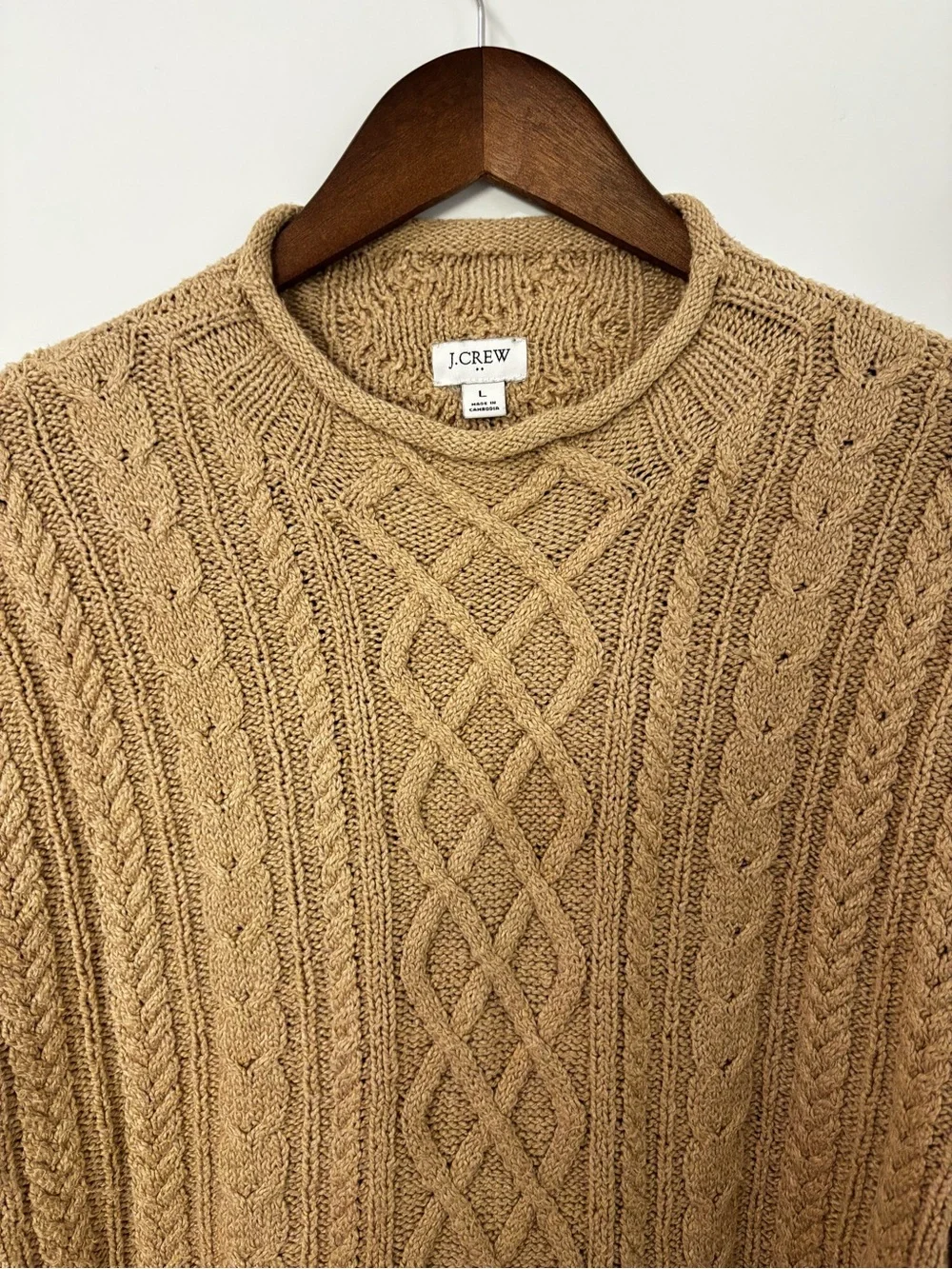 J.Crew Cable Knit Rolled Neck Sweater Large Tan Cotton Blend Fisherman Knit